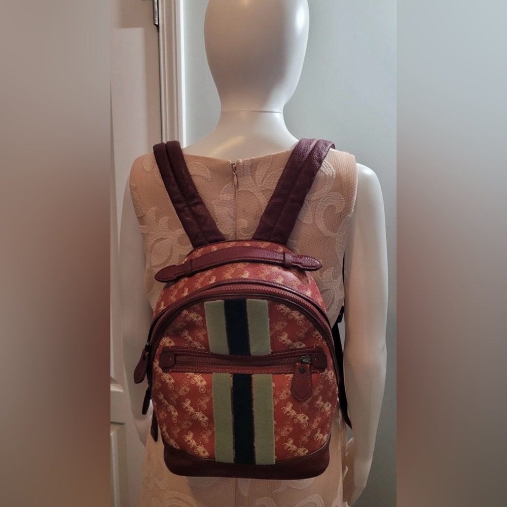 Coach New Year Barrow Varsity Stripe Backpack Red Coated Canvas Leather Trim - Picture 2 of 16